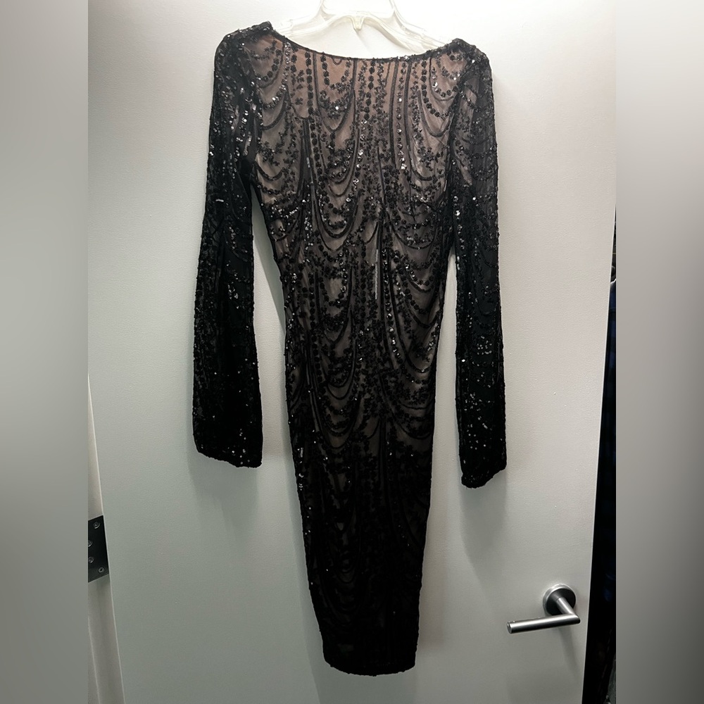 Baltic Born’s Elizabeth sequin midi dress in black + nude. Size medium.
